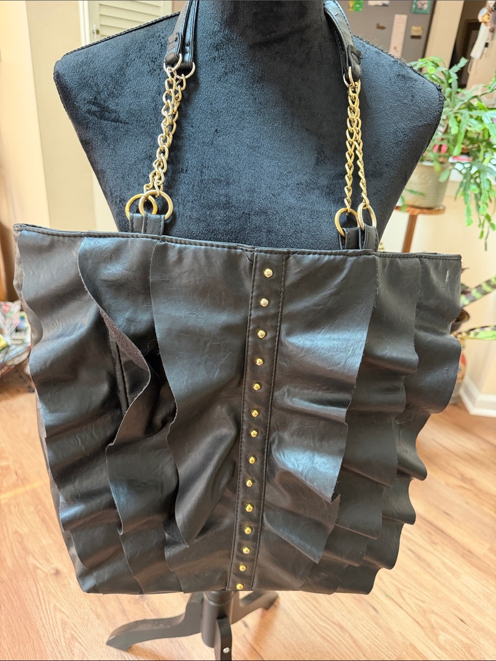 DSW Faux Leather Black Ruffle Tote with Gold Chain Handles
